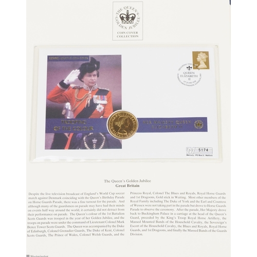 770 - The Queen's Golden Jubilee coin covers arranged in two albums including Isle of Man & Falklands cove... 