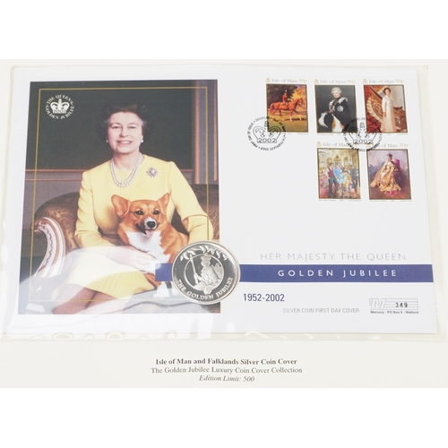 770 - The Queen's Golden Jubilee coin covers arranged in two albums including Isle of Man & Falklands cove... 