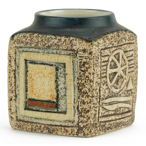 247 - Jane Fitzgerald for Troika, St Ives pottery marmalade pot hand painted and incised with an abstract ... 