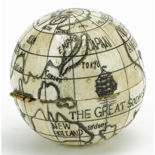 1481 - Large naval interest carved bone pocket globe, 7cm in diameter