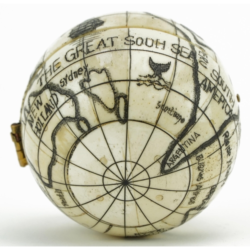 1481 - Large naval interest carved bone pocket globe, 7cm in diameter