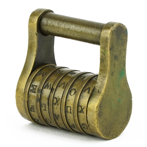 124 - Antique brass five combination letter padlock, 3.5cm wide