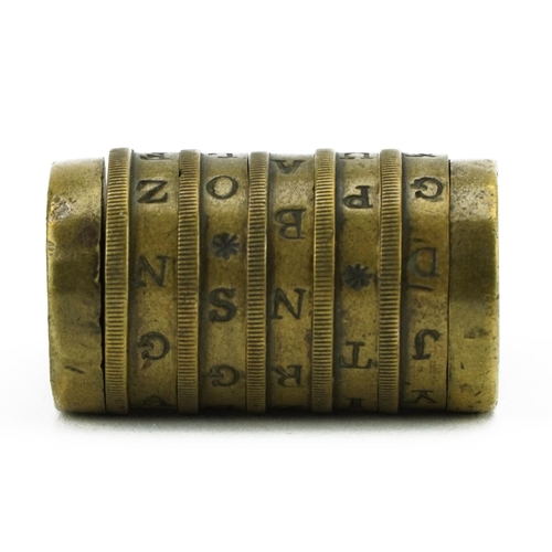 124 - Antique brass five combination letter padlock, 3.5cm wide