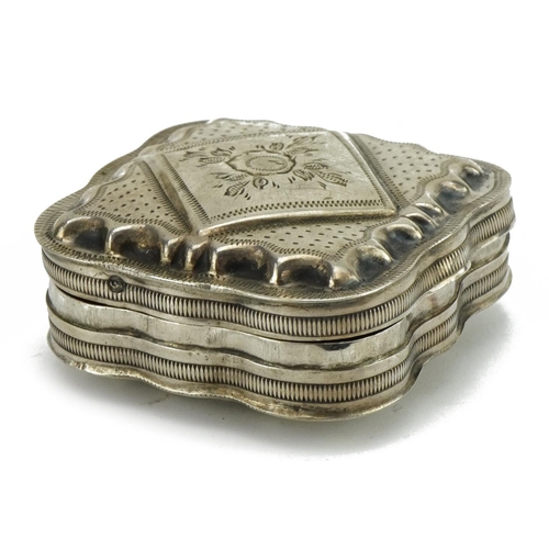 240 - Dutch silver snuff box, the hinged lid with engraved decoration, 5cm wide, 27.3g