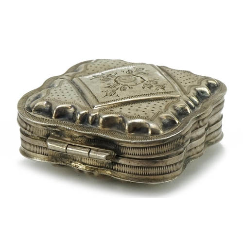 240 - Dutch silver snuff box, the hinged lid with engraved decoration, 5cm wide, 27.3g