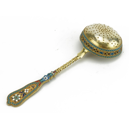 407 - Silver gilt champleve enamel sifting spoon, impressed Russian marks, 16.5cm in length, 72.3g