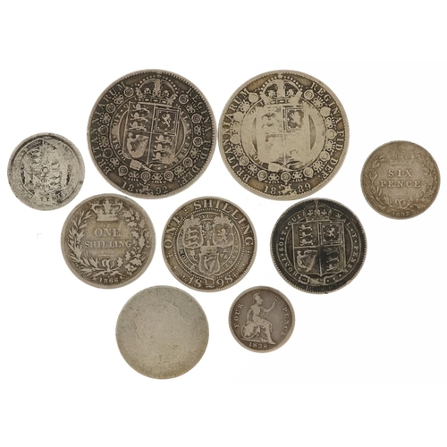 622 - Nine antique British silver coins including 1838 fourpence, 1898 one shilling and 1892 half crown, 5... 