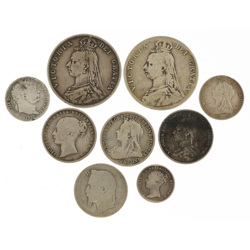 622 - Nine antique British silver coins including 1838 fourpence, 1898 one shilling and 1892 half crown, 5... 