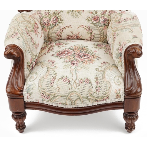 1619 - Victorian style mahogany framed doll's chair with floral upholstery, 52cm high