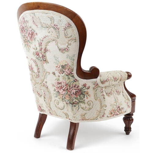 1619 - Victorian style mahogany framed doll's chair with floral upholstery, 52cm high