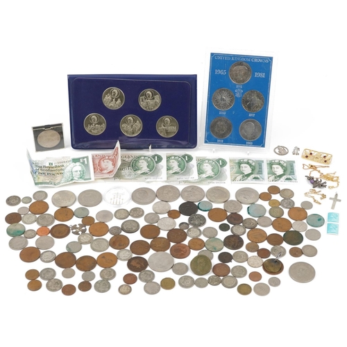 669 - Antique and later British and world coinage including commemorative crowns, one pound notes and ten ... 