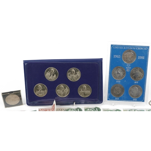 669 - Antique and later British and world coinage including commemorative crowns, one pound notes and ten ... 