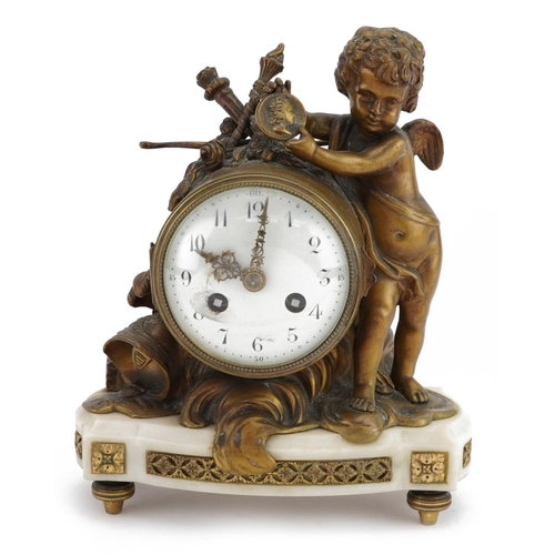 51 - 19th century French bronze and marble Putti design mantle clock with circular enamelled dial having ... 