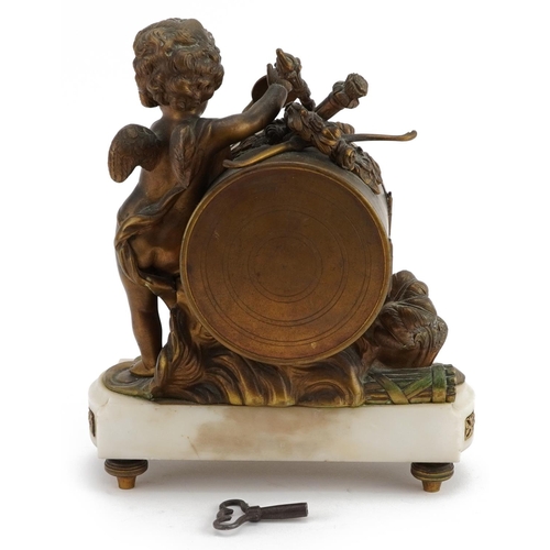 51 - 19th century French bronze and marble Putti design mantle clock with circular enamelled dial having ... 