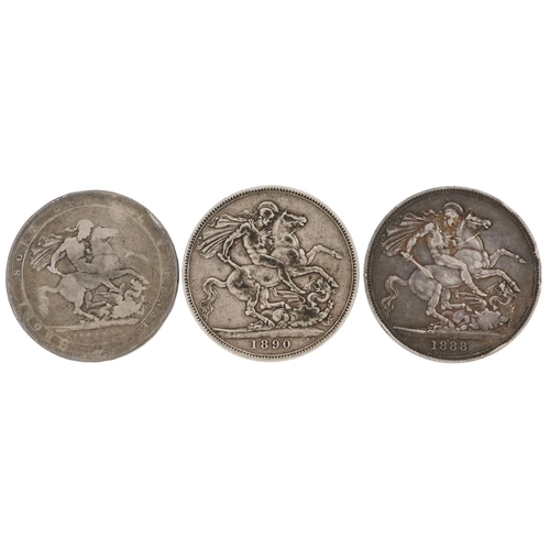 624 - Three George III and later silver crowns including 1888 and 1890