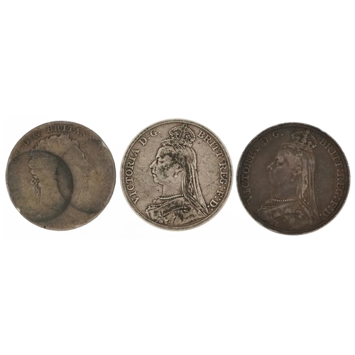 624 - Three George III and later silver crowns including 1888 and 1890