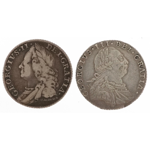 615 - Two George II and later silver British shillings including 1787