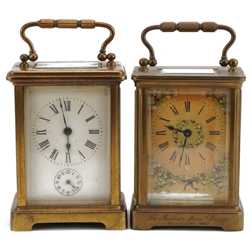 442 - Two brass cased carriage clocks including a French example with painted dial and the other striking ... 