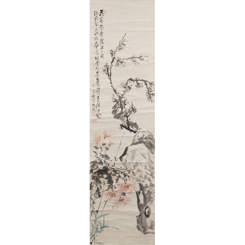 1382 - Chinese wall hanging scroll hand painted with flowers, signed with calligraphy and red seal marks, 1... 