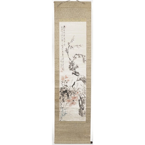 1382 - Chinese wall hanging scroll hand painted with flowers, signed with calligraphy and red seal marks, 1... 