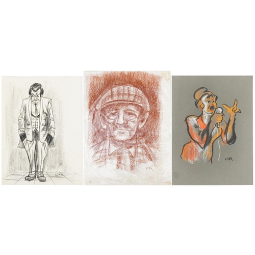 1511 - Karel Lek - Jazz singer and two others, three chalks, unframed, the largest 41cm x 30cm