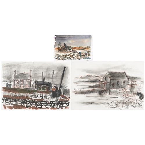 1510 - Karel Lek - Landscapes with cottages, three Welsh school watercolours, unframed, the largest each 59... 