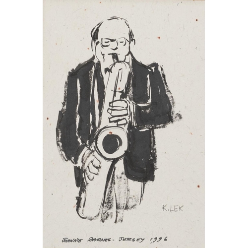 1509 - Karel Lek - Jazz musicians, seven Welsh ink drawings including Ron Darke, some mounted, each unframe... 