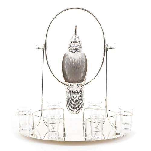 346 - Large novelty silver plated decanter and shot glass set in the form of a cockatoo on a branch, 40cm ... 