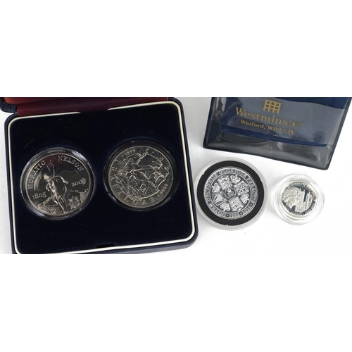 678 - British coinage, some silver proof, including The Battle of Trafalgar five pound pair and Guernsey o... 