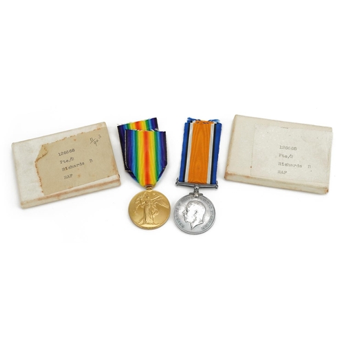 818 - British military World War I pair with boxes of issued awarded to 126668.PTE.2.B.RICHARDS.R.A.F.