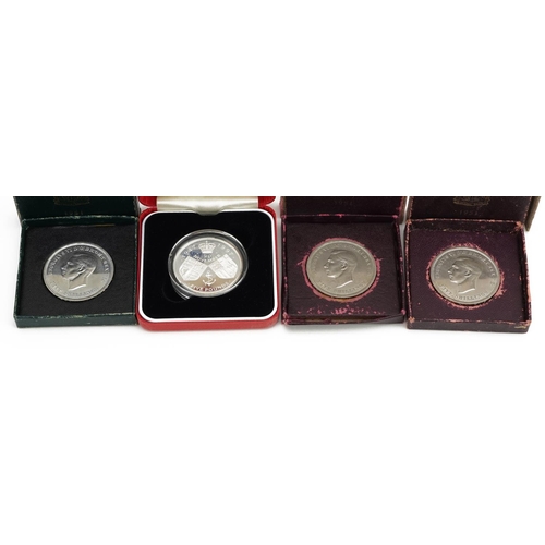 672 - United Kingdom silver proof five pound coin commemorating Golden Wedding and three Festival of Brita... 