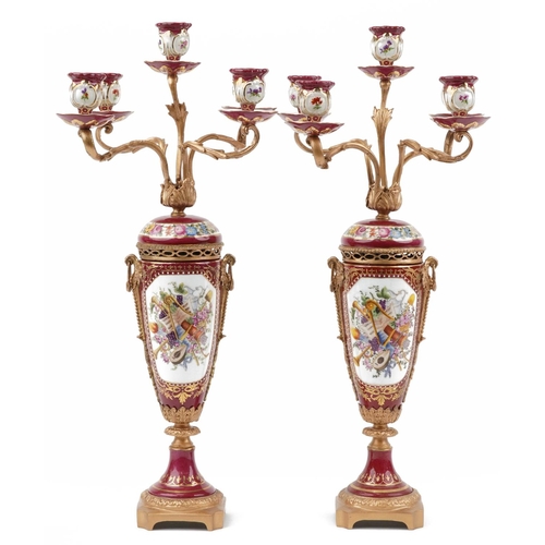 274 - Manner of Sevres, pair of continental porcelain five branch candelabras with gilt bronze mounts, eac... 