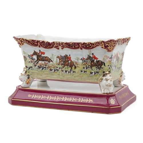 1490 - Continental porcelain four footed planter on stand decorated with huntsmen and huntswomen on horseba... 