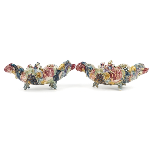 306 - Zsolnay Pecs, pair of Hungarian piece shell shaped baskets hand painted with flowers, each stamped F... 