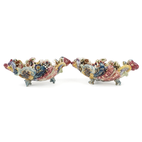 306 - Zsolnay Pecs, pair of Hungarian piece shell shaped baskets hand painted with flowers, each stamped F... 