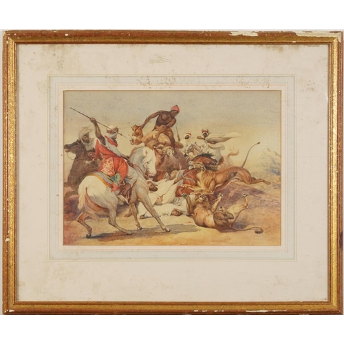 39 - After Peter Paul Rubens - A lion hunt, watercolour, mounted, framed and glazed, 32.5cm x 23.5cm excl... 