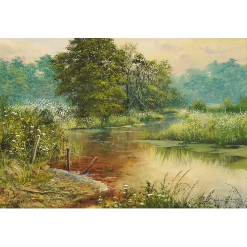 1340 - Andrew Dandridge - Dawn on the River, watercolour, label verso, mounted, framed and glazed, 56cm x 3... 