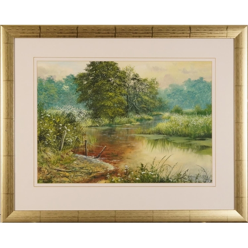 1340 - Andrew Dandridge - Dawn on the River, watercolour, label verso, mounted, framed and glazed, 56cm x 3... 