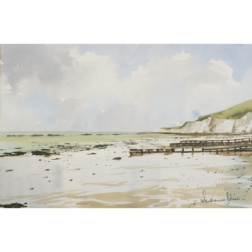 1729 - Andrew John - Low Tide at Holywell, East Sussex, watercolour, Penns Gallery label verso, mounted, fr... 