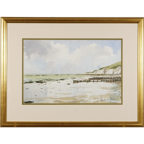 1729 - Andrew John - Low Tide at Holywell, East Sussex, watercolour, Penns Gallery label verso, mounted, fr... 