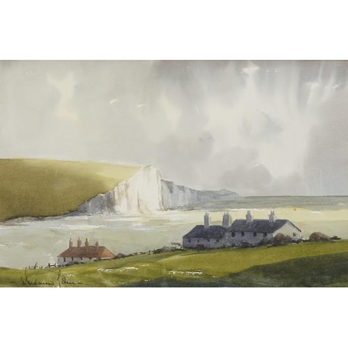 1730 - Andrew John - Coastguard Cottages, Cuckmere Haven, watercolour with Penns Gallery label verso, mount... 