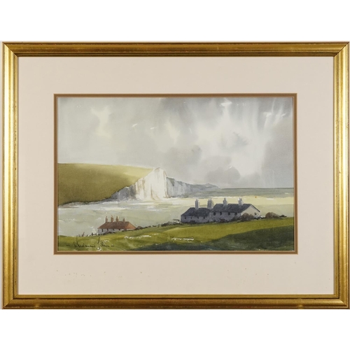 1730 - Andrew John - Coastguard Cottages, Cuckmere Haven, watercolour with Penns Gallery label verso, mount... 