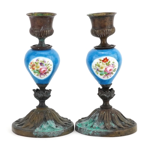 1351 - Pair of French style bronze candlesticks with Sevres type porcelain columns hand painted with flower... 