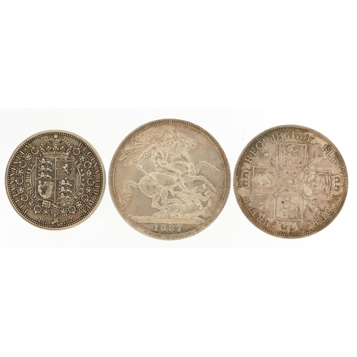 628 - Three Queen Victoria 1887 silver coins comprising crown, double florin and half crown