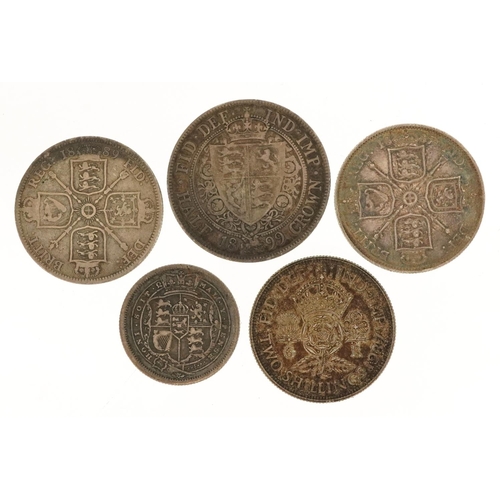 627 - George III and later silver coinage including 1816 shilling, 1889 half crown and 1887 florin, 52.9g