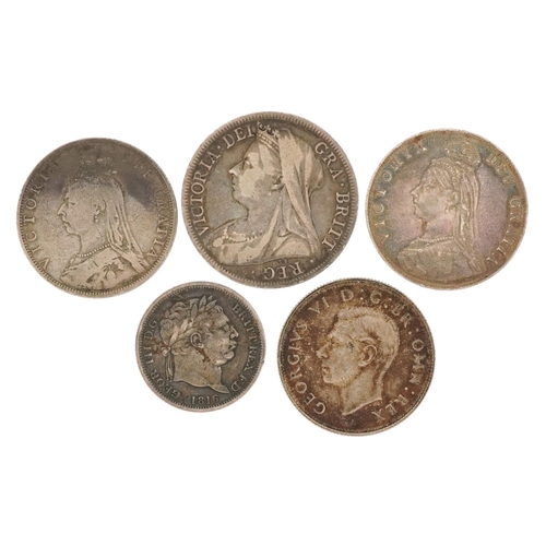 627 - George III and later silver coinage including 1816 shilling, 1889 half crown and 1887 florin, 52.9g