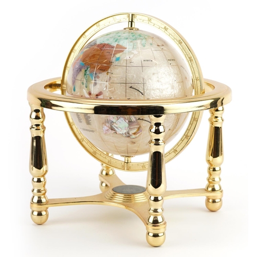 1360 - Gilt metal gemstone table globe with compass under tier, 22cm high