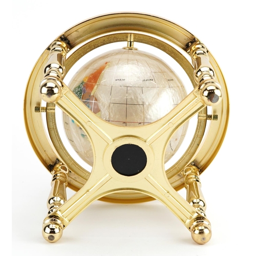 1360 - Gilt metal gemstone table globe with compass under tier, 22cm high