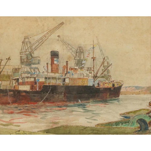 1711 - Harbour scene with moored boat, 1950s heightened watercolour, indistinctly signed and dated, possibl... 