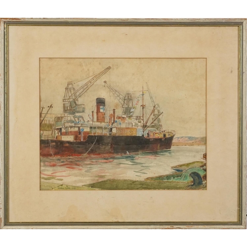 1711 - Harbour scene with moored boat, 1950s heightened watercolour, indistinctly signed and dated, possibl... 